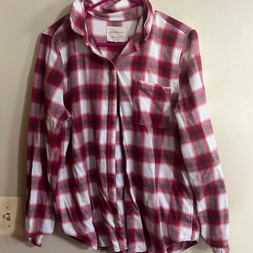 Aeropastale flannel Large plaid red white boyfriend fit pocket fall long sleeve